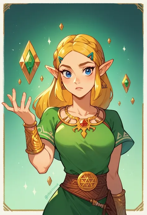 (masterpiece, best quality:1.1), 1girl, solo, (flat color:1.1), (zelda:1.1), from disneys brave, emerald and gold, Straight blonde hair, medium breasts,ñ, long green dress, blue eyes, (simple background:0.3), (solid circle eyes:0.7)