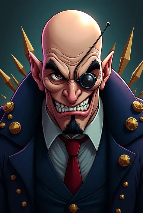 Cartoon villian bald monocle scar on face spikes sharp teeth goatee