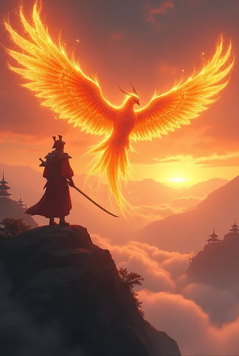 Imagine a samurai standing on the peak of a sacred mountain at dawn, his gaze fixed on a colossal phoenix made of pure, living flame soaring in the sky. The phoenix’s wings stretch wide, each feather crackling with golden fire that lights up the early morn...