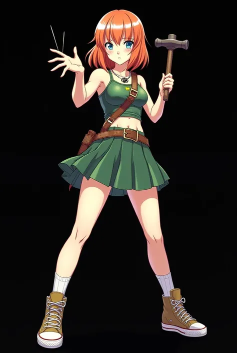 A full body image of an 1 girl named Hana Watanabe, personagem do anime "dragonball z", she is very beautiful, with medium length straight fire-colored hair with two white highlights in the front, framing your face. She has blue-green eyes and pale skin.. ...