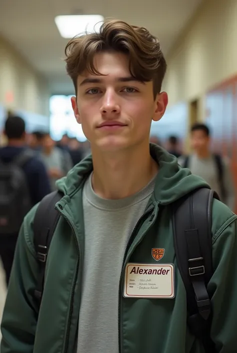 A high school name tag with Alexander&#39;s name on it 