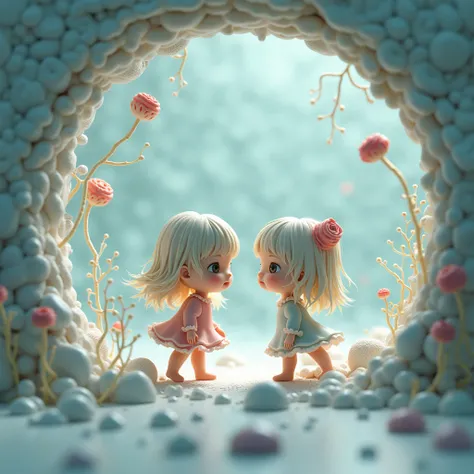 Images captured under an electron microscope show chibi girl characters trying to convey something, round cropped image, conceptual installation art, (ultra detailed, absolutely resolution, best quality:1.3), 2.5D, delicate and dynamic effects, artistic, h...