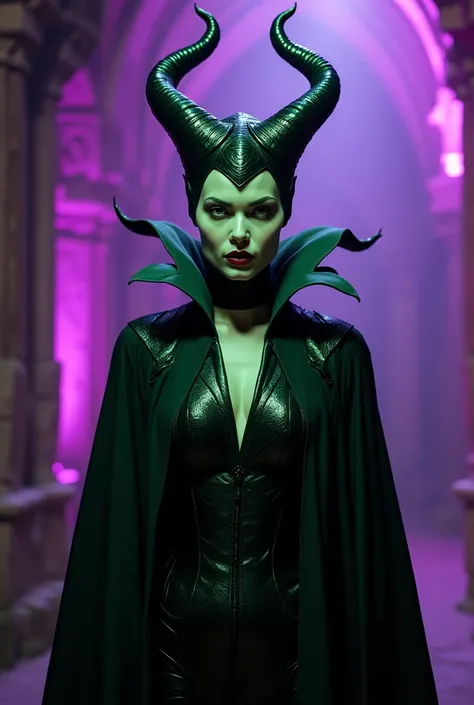 A stunning portrait of Maleficent in the process of transforming into a dragon, she is not quite human, yet not quite a dragon, location is dungeon interior, purple and green light, 