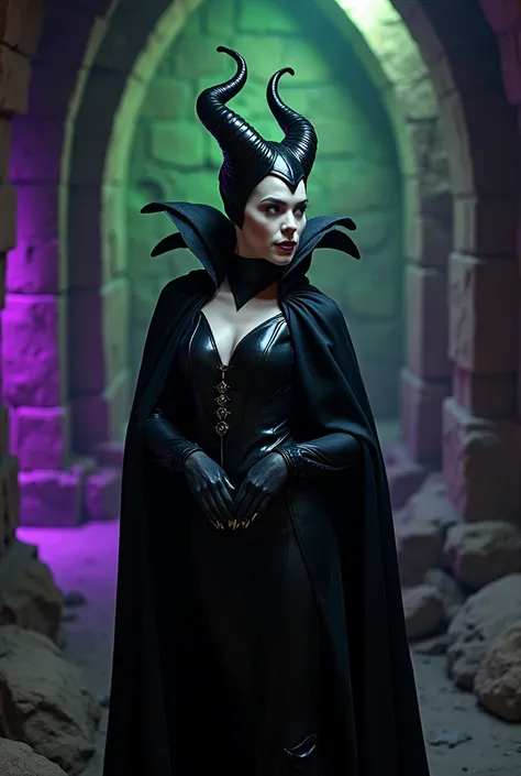 A stunning portrait of Maleficent in the process of transforming into a dragon, she is not quite human, yet not quite a dragon, location is dungeon interior, purple and green light, 