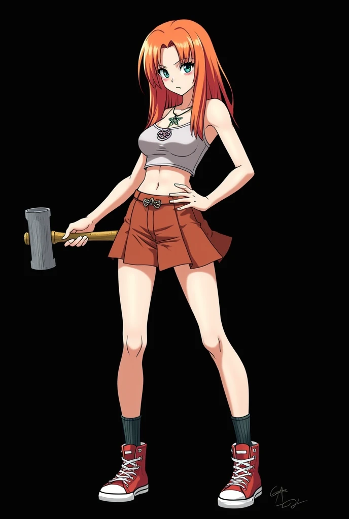 A full body image of an 1 girl named Hana Watanabe, personagem do anime "dragonball z", she is very beautiful, with medium length straight fire-colored hair with two white highlights in the front, framing your face. She has blue-green eyes and pale skin.. ...