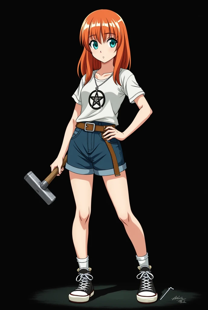 A full body image of an 1 girl named Hana Watanabe, personagem do anime "dragonball z", she is very beautiful, with medium length straight fire-colored hair with two white highlights in the front, framing your face. She has blue-green eyes and pale skin.. ...