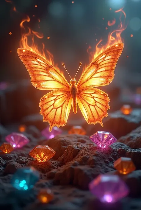 In the middle is a burning butterfly and in the background are jewels 