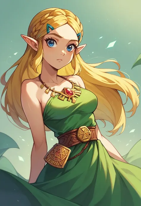 (masterpiece, best quality:1.1), 1girl, solo, (flat color:1.1), (zelda:1.1), from disneys brave, emerald and gold, Straight blonde hair, medium breasts,ñ, long green dress, blue eyes, (simple background:0.3), (solid circle eyes:0.7)