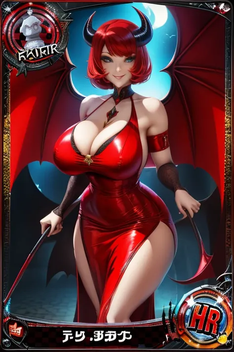 trading card, devil, sexy pose, big breasts, curvy, smile, bob haircut, sexy china dress, redhead, bat wings, horns, in middle hell

