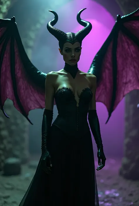 A stunning nude portrait of Maleficent in the process of transforming into a dragon, she is not quite human, yet not quite a dragon, location is dungeon interior, purple and green light, 