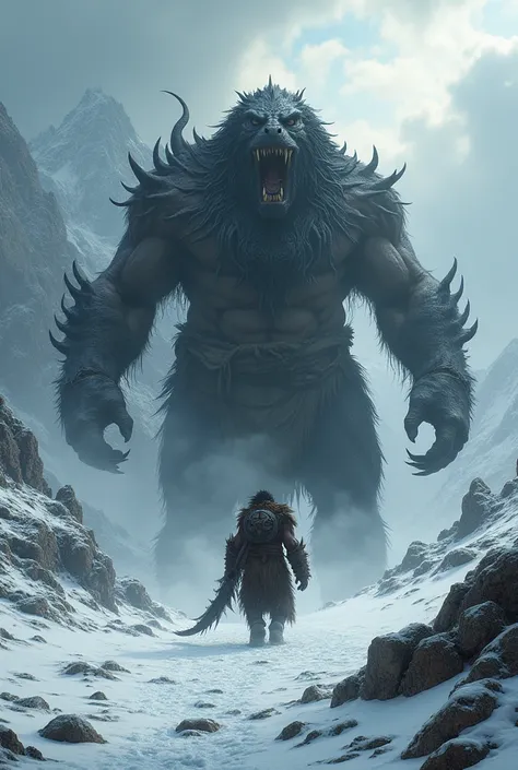 Giant prehistoric human stalking a black dragon in a snowy valley