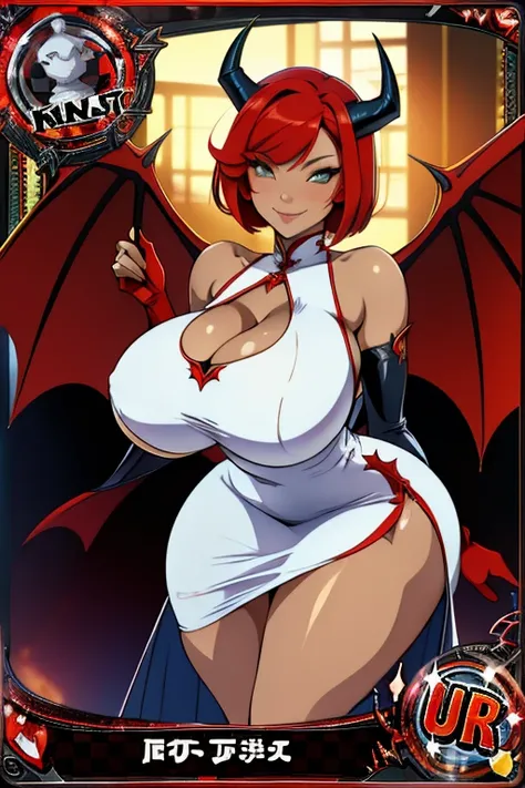 trading card, devil, sexy pose, big breasts, curvy, smile, bob haircut, sexy china dress, redhead, bat wings, horns, in middle hell
