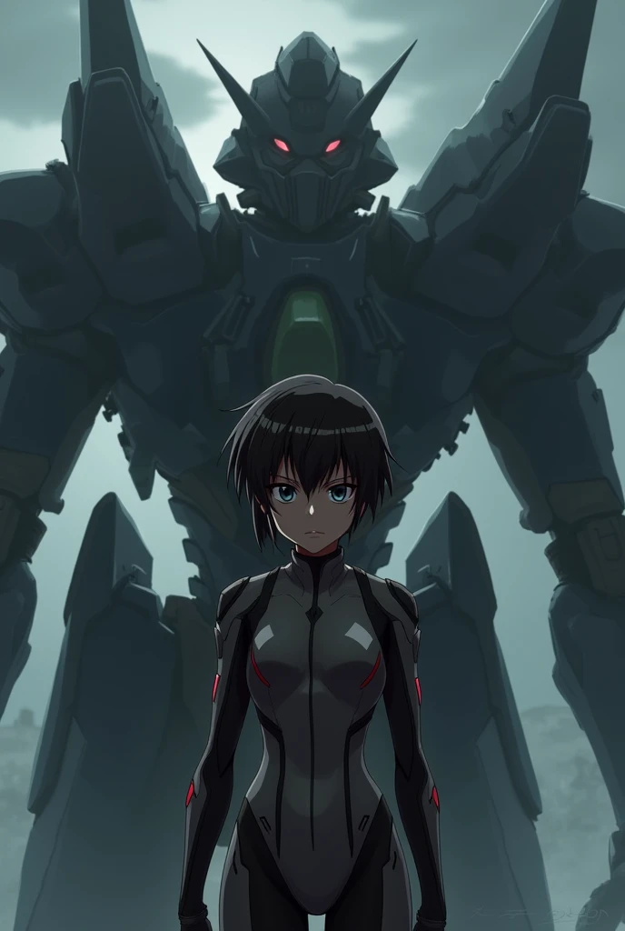 Create an anime character in the style of Neon Genesis Evangelion with sharp facial features, large expressive eyes, and a sleek futuristic pilot suit. The character should have a serious expression, standing in front of a large, detailed biomechanical mec...