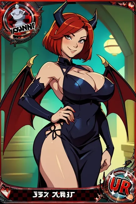 trading card, devil, sexy pose, big breasts, curvy, smile, bob haircut, sexy china dress, redhead, bat wings, horns
