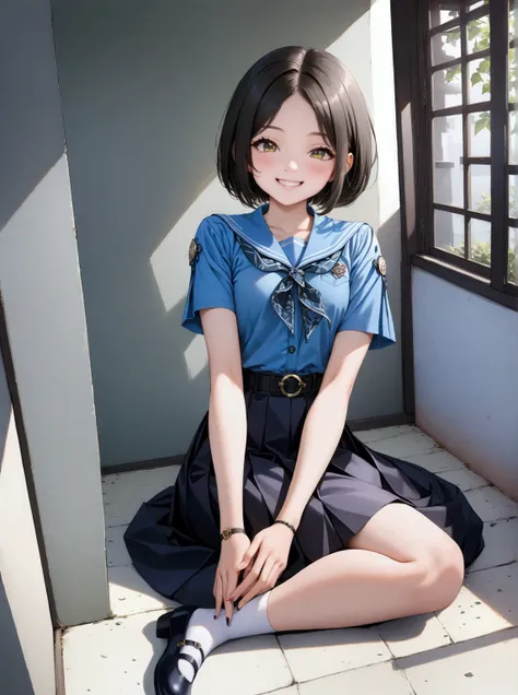 realistic anime illustration of pretty young girl is sitting near classroom s window, smiling with teeth, black bob cut (+forehead), wearing pastel blue short sleeves collared shirt, navy-blue neckerchief, navy-blue pleated pencil long skirt, black belt wi...