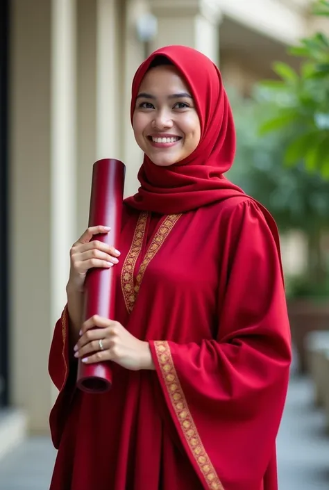 Photo of a girl graduating wearing a toga and red kebaya wearing a red hijab while carrying a diploma, beautiful and elegant, located in front of the university campus.