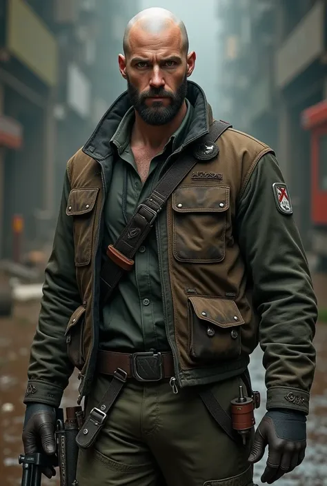 (photorealism:1.2), ((full body)) young attractive bald man, european, fit body, white skin, black short beard, brown eyes, apocalypse survivor outfit