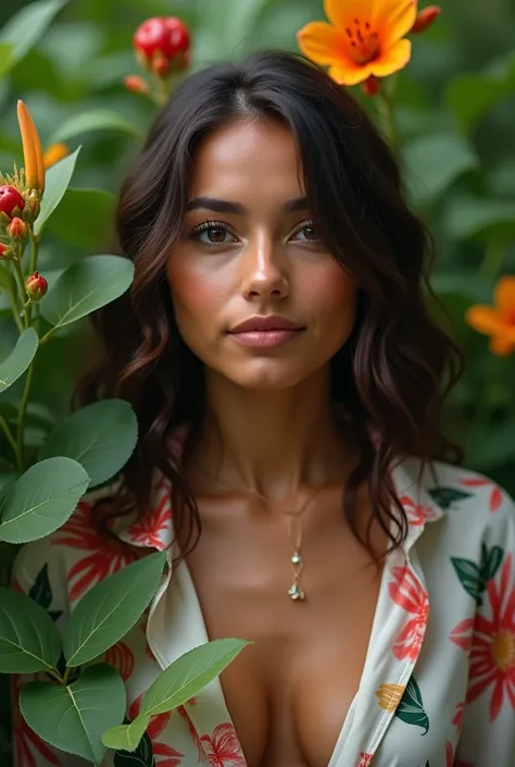 A Brazilian woman in a lush tropical garden, wearing an open shirt with a floral print, with a close-up capturing the harmonious beauty between her breasts and the natural flowers, showing off your natural charm and outgoing personality.