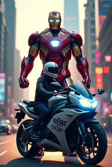 Create a photo with the Iron Man character and write Uber and 99Pop motorcycle and driver 