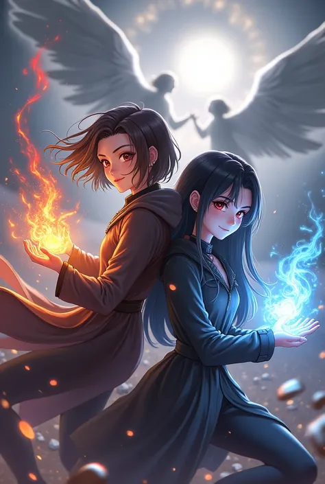  Make an image of the white character with brown eyes and hair, with medium length hair parted in the middle. and one with long black hair and white bangs and red eyes, and with black clothes. Using powers on a battlefield together with angels.
