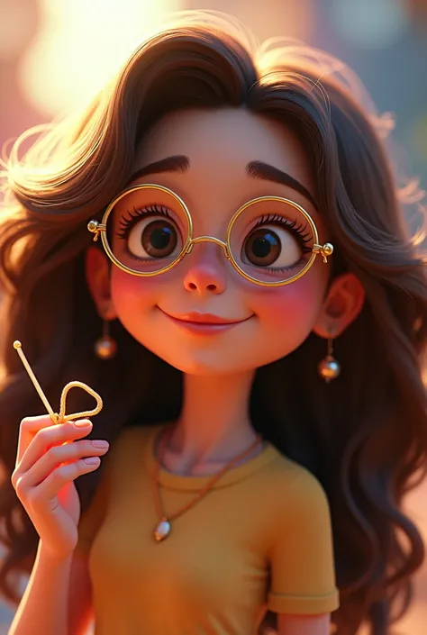 Pixar  with long brown hair and wearing golden glasses with a bow in her hand 