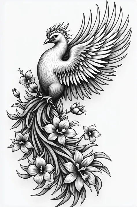 Phoenix on its side with several flowers in black and white