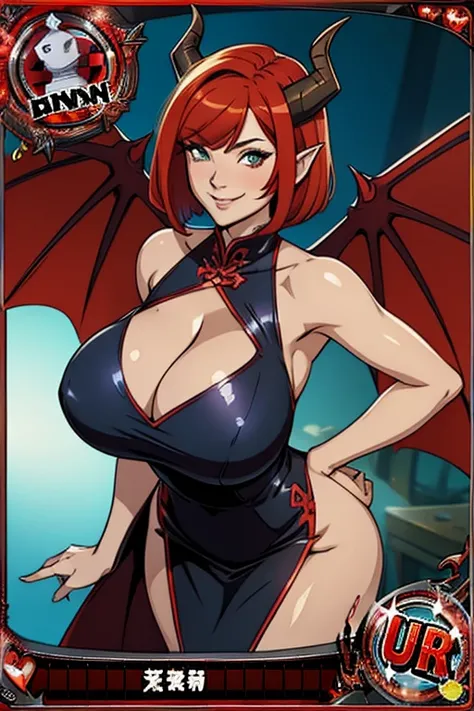 trading card, devil, sexy pose, big breasts, curvy, smile, bob haircut, sexy china dress, redhead, big bat wings, horns
