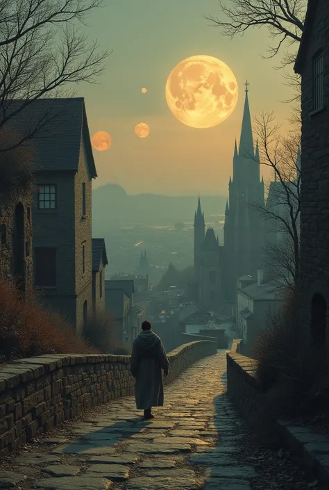 hot autumn evening, ancient city, three moons in the sky, man climbing a long staircase