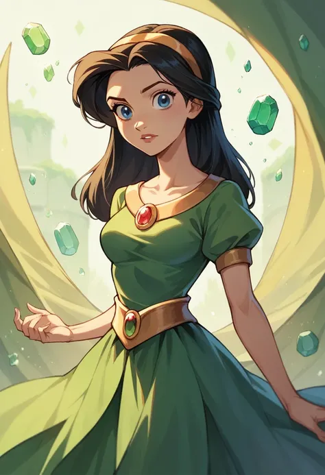 (masterpiece, best quality: 1.1), 1 girl, alone, (flat color: 1.1), (girl: 1.1), from Disneys Brave, emerald and gold, straight black hair, medium breasts, short, long green dress, blue eyes, (simple background: 0.3), (solid circle eyes: 0.7)