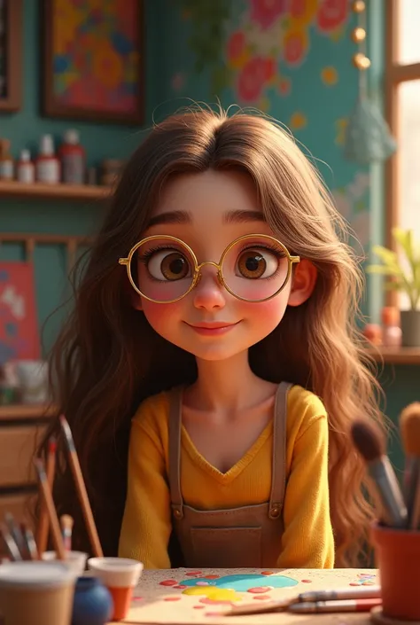 Pixar girl with long brown hair and wearing golden glasses in a bow studio 