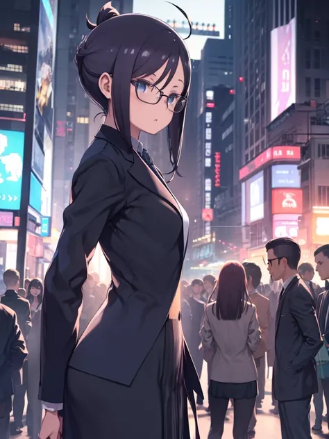 One Woman、career woman、Stand in the city、Glasses、In a suit、swept back hair、slick back hair、combed back hair、Tight Skirt、A crowd of blue silhouettes、Watching the audience、Rin々Shii、Upper Body、Daytime scenery、