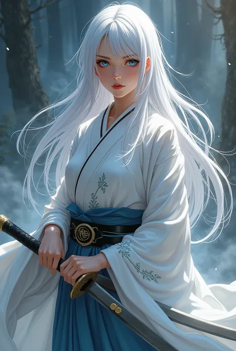 Demon slayer panel, Make a  girl japanese with long white hair, blue eyes, wearing a long white kimono holding her katana