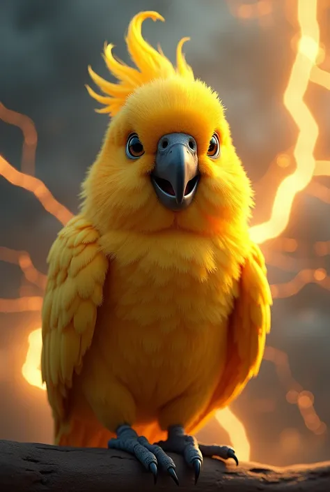 make a gold parrot, smilyng and put thunder arround this bird