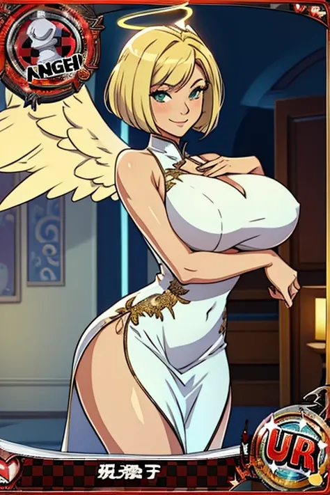 trading card, angel, sexy pose, big breasts, curvy, smile, bob haircut, sexy china dress, blonde, big pigeon wings, halo
