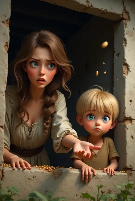 Beautiful woman with brown hair is tossing out a few beans from the window . A blonde boy is looking at her with his big blue eyes. He is sad. The beautiful woman is upset and angry. They live in a cottage and are poor. 