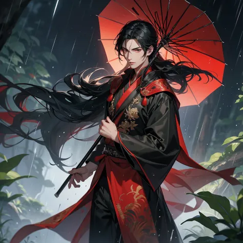 A Handsome black-hair male holding a large sword in red-black ancient chinese costume, close up.

Stand holding an umbrella to protect from the rain. Rain fell and splashed around. There are water droplets falling on the leaves in the surrounding area, gre...