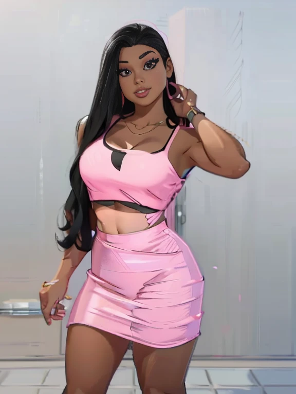 digital drawing of a woman with long black hair, wearing a pink top and a pink mini skirt, athletic body, 8k, cartoon style