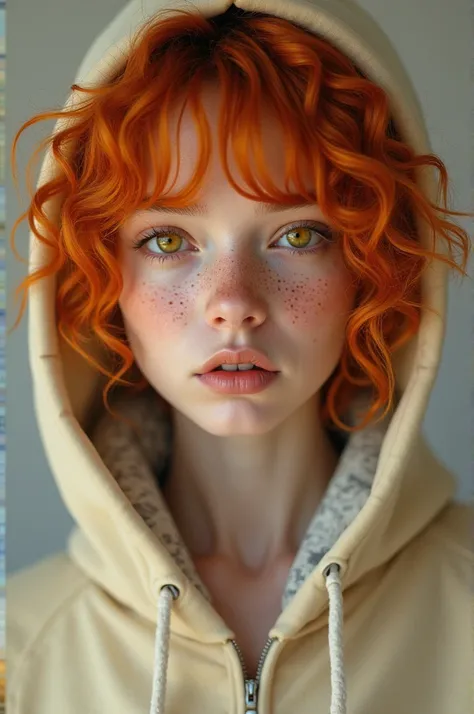 A beautiful woman with curly orange hair, yellow eyes, freckles on her skin, wearing a hoodie.