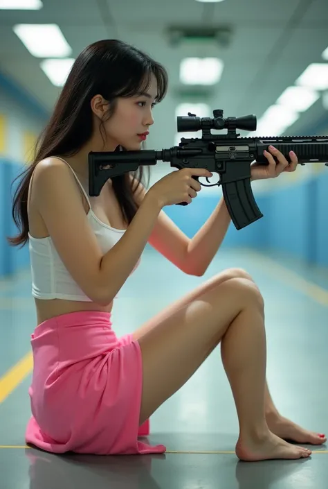 beautiful chinese office lady in pink mini skirt holding rifle aiming with legs spread shooting range target sweet face