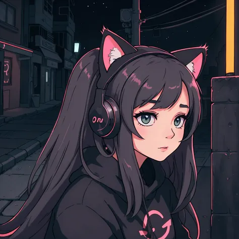 a cat-like girl is relaxing at night on a quiet urban street, softly illuminated by neon lights. she has long, flowing hair, wea...