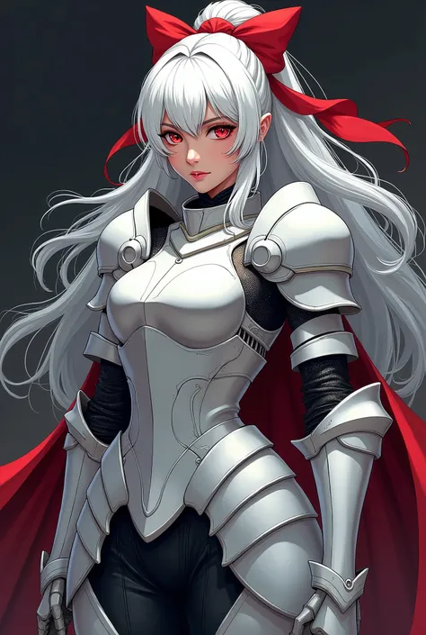 female knight, Red eyes, White hair, white steel armor, red bow on the hair, Line art, Detailed art, dark ambient