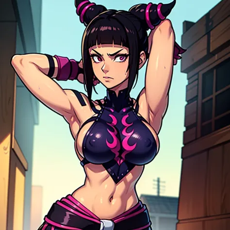 masterpiece, look at viewer, Juri from street fighter, perfect detailed eyes, sexy breast, fitness body, dark ally in background, black hair,streetfighter,best quality, 4k resolution, official, detailed background, detailed face, detailed eyes, looking at ...