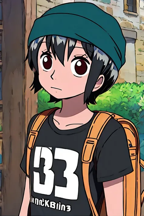 girl, black hair, durag, very short hair, tshirt, backpack