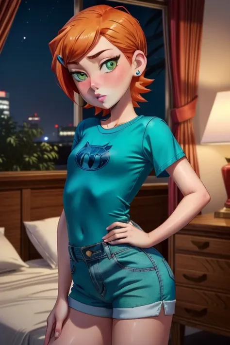 (Masterpiece), Best quality, ultra-detailed, 1 girl (classic, solo, orange hair, short hair, green eyes), attractive face, parted lips, blush, solo, body, white and blue t-shirt, denim shorts, in the bedroom, at night, standing, sexy waist tease, seduction