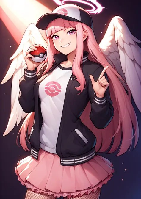 1girl, solo, pink eyes, long hair, korean, blunt bangs, large angel wings, smirk, black and white letterman jacket, pink lace sk...