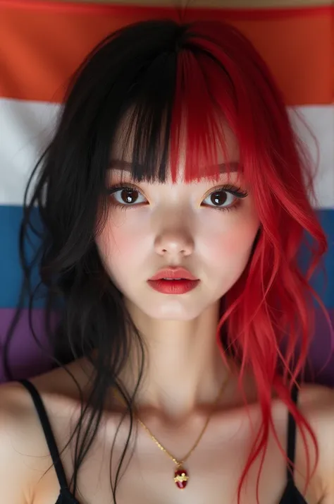 White girl with red hair and black front bangs, thin, Asian features, chubby face with the lesbian flag on her shoulders