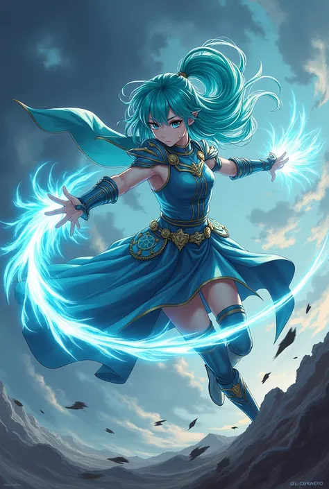 mage girl, wind magic, perfect turquoise hair, perfect blue eyes, fighting stance, sky background, lots of wind, dark tones, line art, artwork, masterpiece