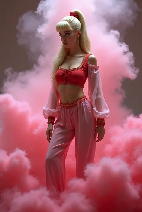 (photorealism:1.2), young Barbara Eden, pink genie giab_2, I Dream of Jeannie cosplay, pink sheer harem pants, gathered elastic cuffs, standing, full hips, bubble butt, extremely long blonde hair and ponytail, gold trimmed red ponytail band, pink face veil...