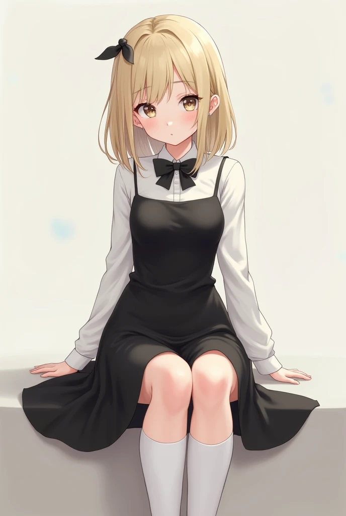 Japanese, young woman, shoulder length blonde hair, small black bow in front of hair, wearing black dress, knee high white socks