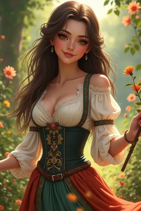 A bard with dark brown long hair and brown eyes. She looks like Lucy Gray. she smiles. She has a simple magic wand in her hand. She is wearing a white blouse, over it a corset embroidered with flowers and a colorful skirt.